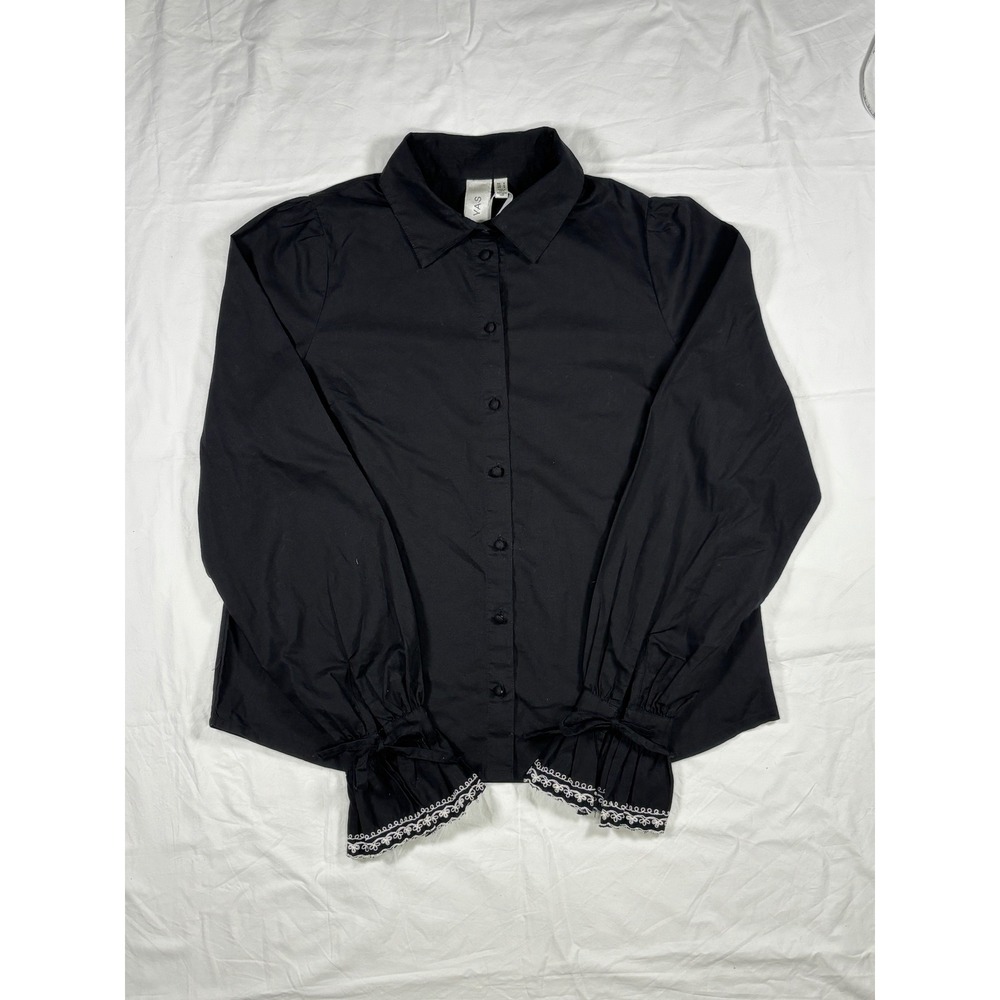 Y.A.S Black Organic Cotton Lace Trim Puff Sleeve Button Down Shirt S
